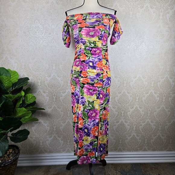 Endless Blu Luxe Size Small Ruched Floral Midi Dress Off the Shoulder Sleeve NWT - Picture 1 of 16